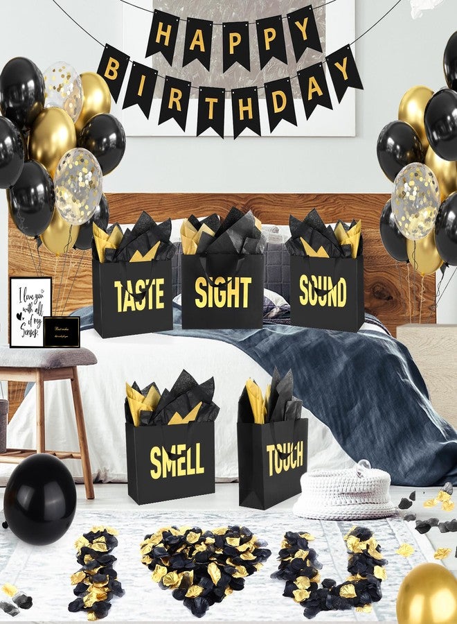 Draupnir 5 Senses Gift Bags for Him with Labels Party Decoration 5 Senses Gift Bags Comes with Birthday Decoration Rose Petals Happy Birthday Banner Balloons and Tissue Paper and Balloon Strap(Black Gold) - Image 5